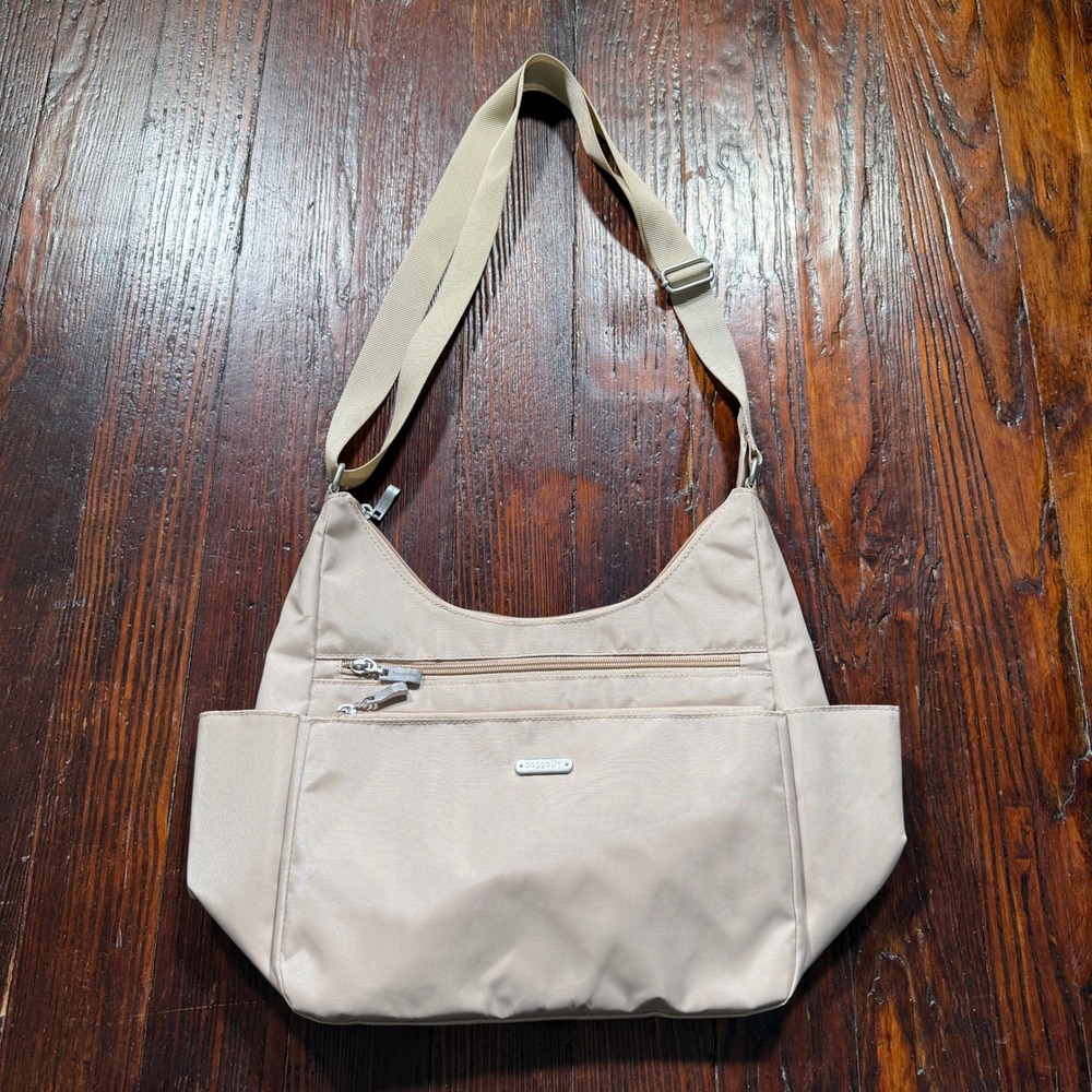 Baggallini Crossbody Bag Purse Tan Nylon Multi-Pocket Travel Minimalist